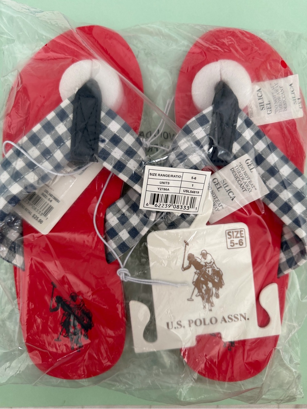 U.S. Polo Assn. Women’s Red Flip Flops with Navy Gingham Straps